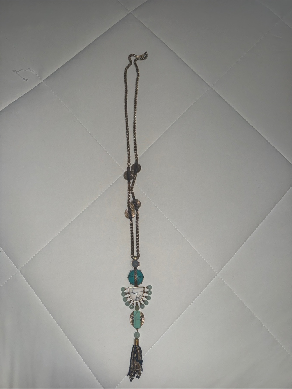 Stella & Dot Teal and Gold Tassel Pendant Necklace